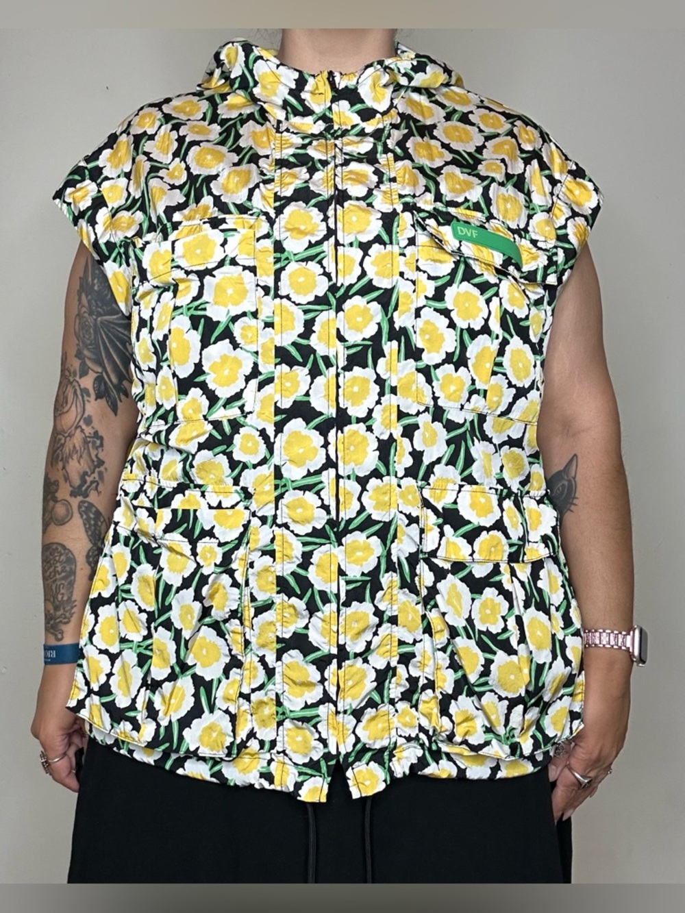 DVF Floral Sleeveless Hooded Vest Size XXL